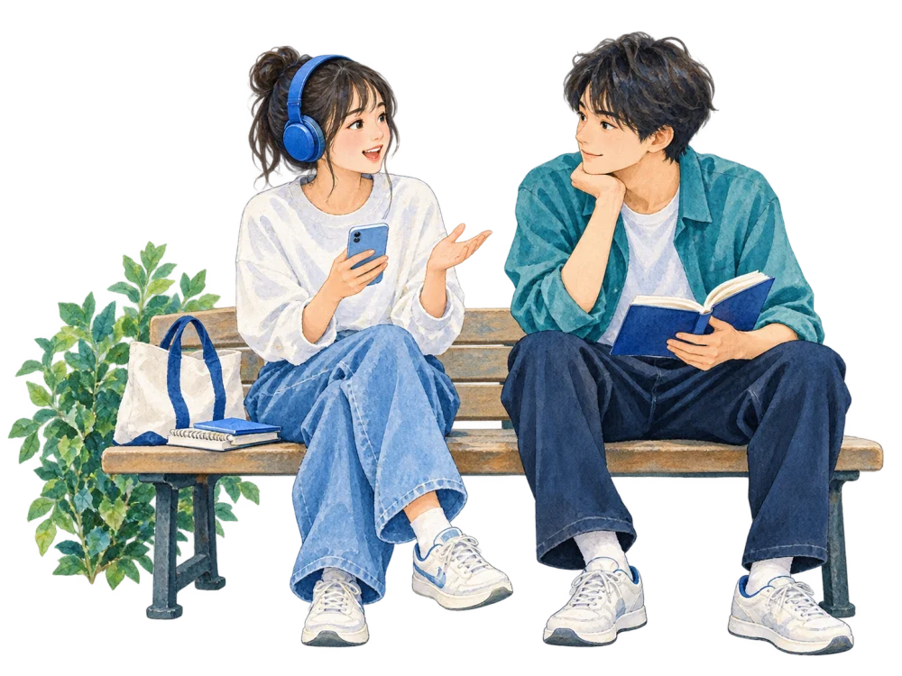 ヘッドホンとスマートフォンで声に出して練習する学生と、本を持って隣で聞く学生。