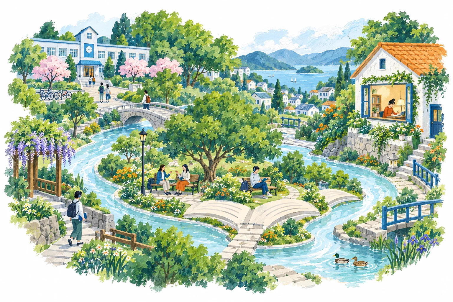 学校、自宅、公園が小道でつながる街。人々がそれぞれの場所で、本や音声を使って学んでいる。